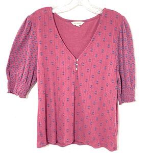 Lucky Brand Vtg Y2K Size L  Pointelle FLORAL Jersey Knit PURPLE Cottagecore